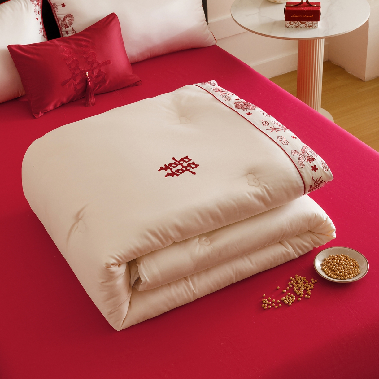 91家纺网 家纺一手货源 找家纺 江涞 2025新款50S贡缎大豆抑菌婚庆喜被被子被芯 圆满-大豆被