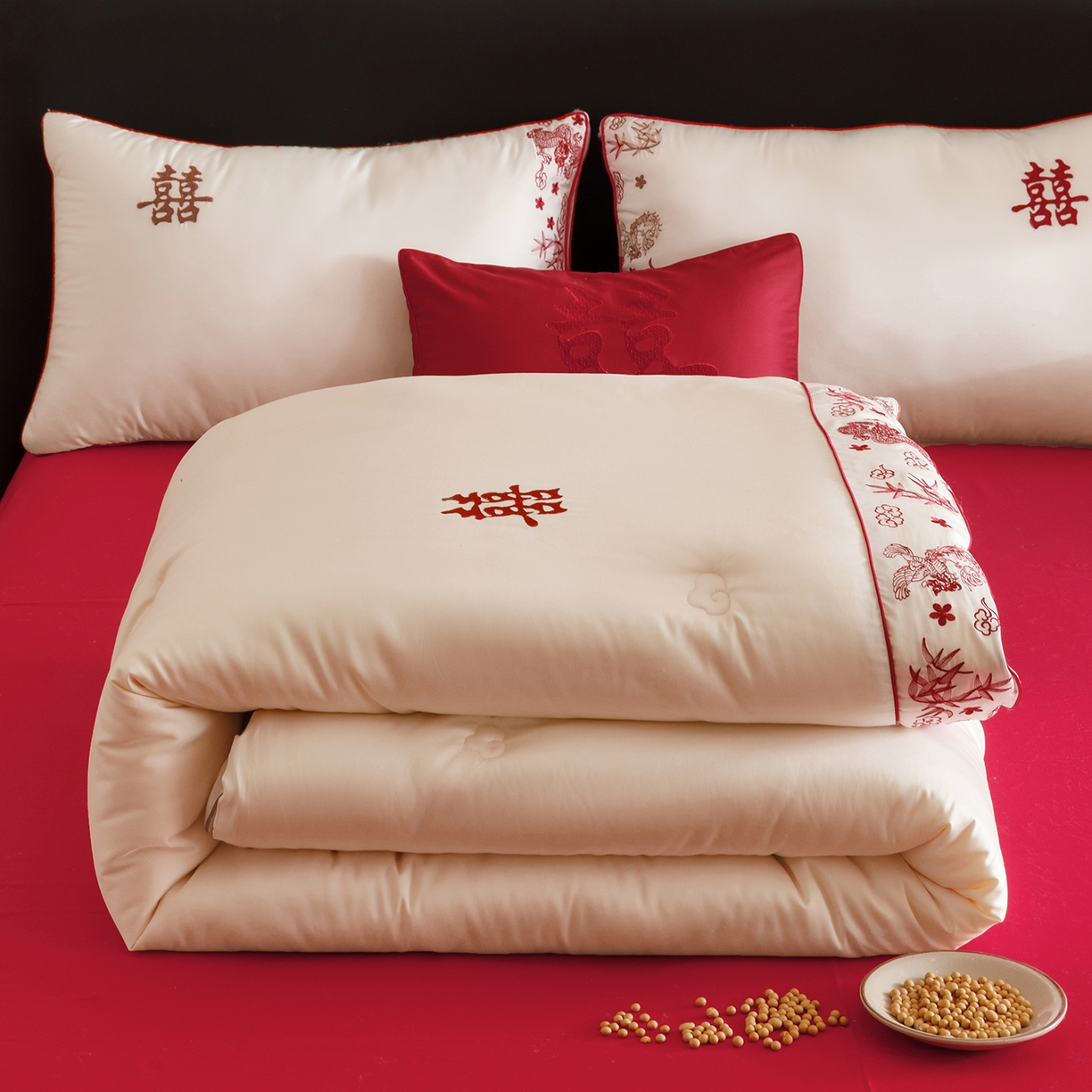 91家纺网 家纺一手货源 找家纺 江涞 2025新款50S贡缎大豆抑菌婚庆喜被被子被芯 圆满-大豆被