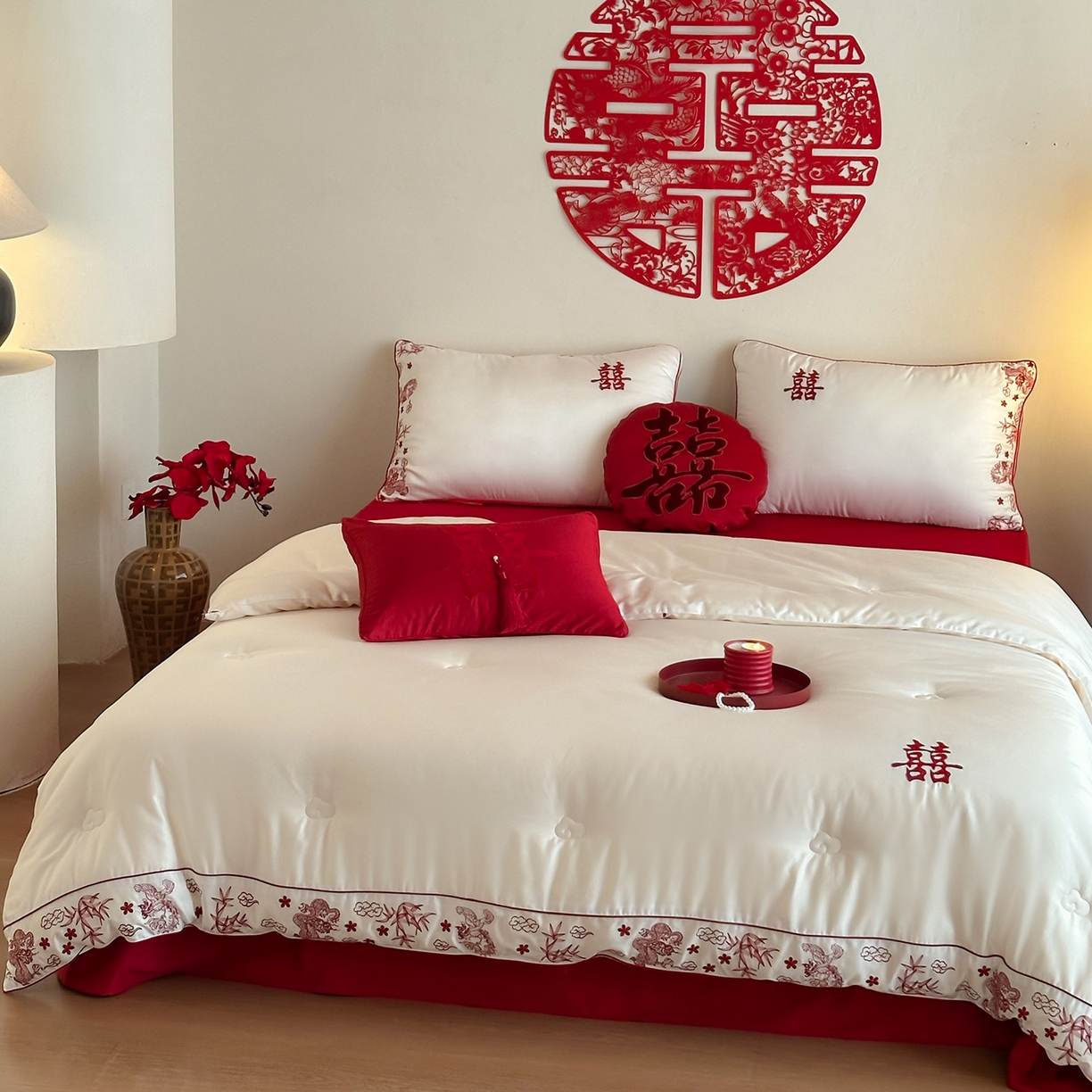 91家纺网 家纺一手货源 找家纺 江涞 2025新款50S贡缎大豆抑菌婚庆喜被被子被芯 圆满-大豆被