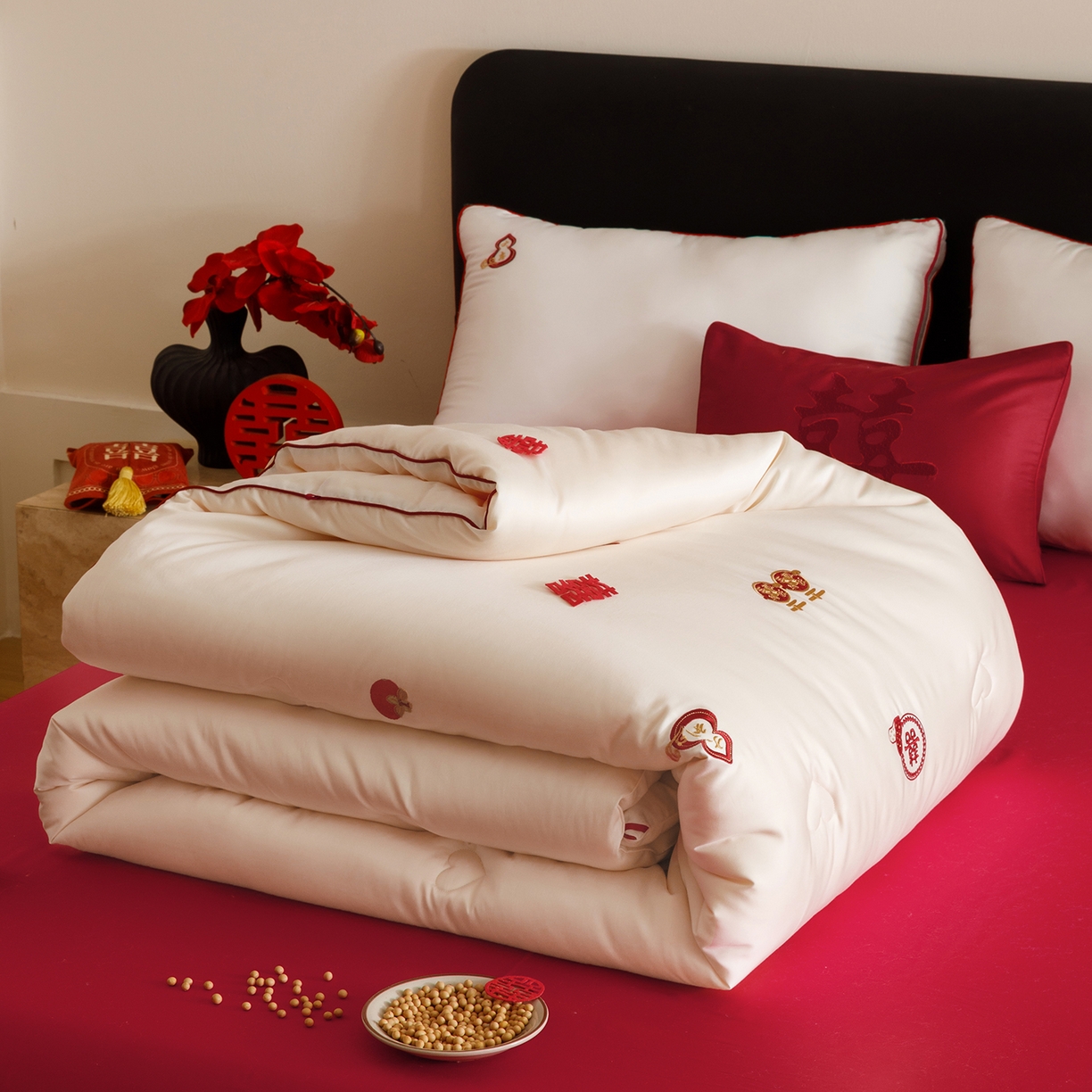 91家纺网 家纺一手货源 找家纺 江涞 2025新款50S贡缎大豆抑菌婚庆喜被被子被芯 福来-大豆被