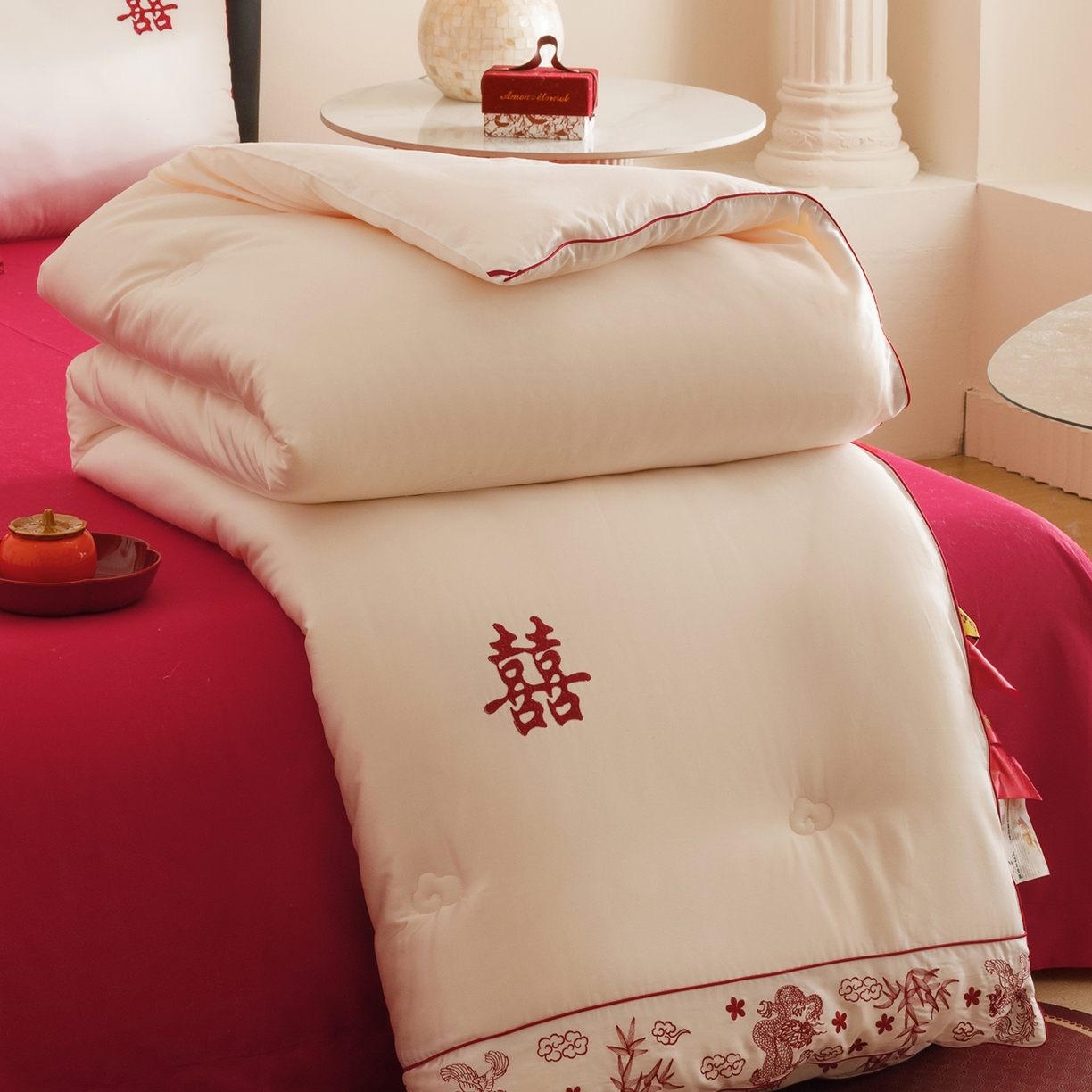 91家纺网 家纺一手货源 找家纺 江涞 2025新款50S贡缎大豆抑菌婚庆喜被被子被芯 圆满-大豆被