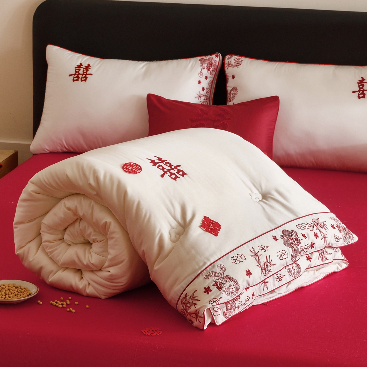 91家纺网 家纺一手货源 找家纺 江涞 2025新款50S贡缎大豆抑菌婚庆喜被被子被芯 圆满-大豆被