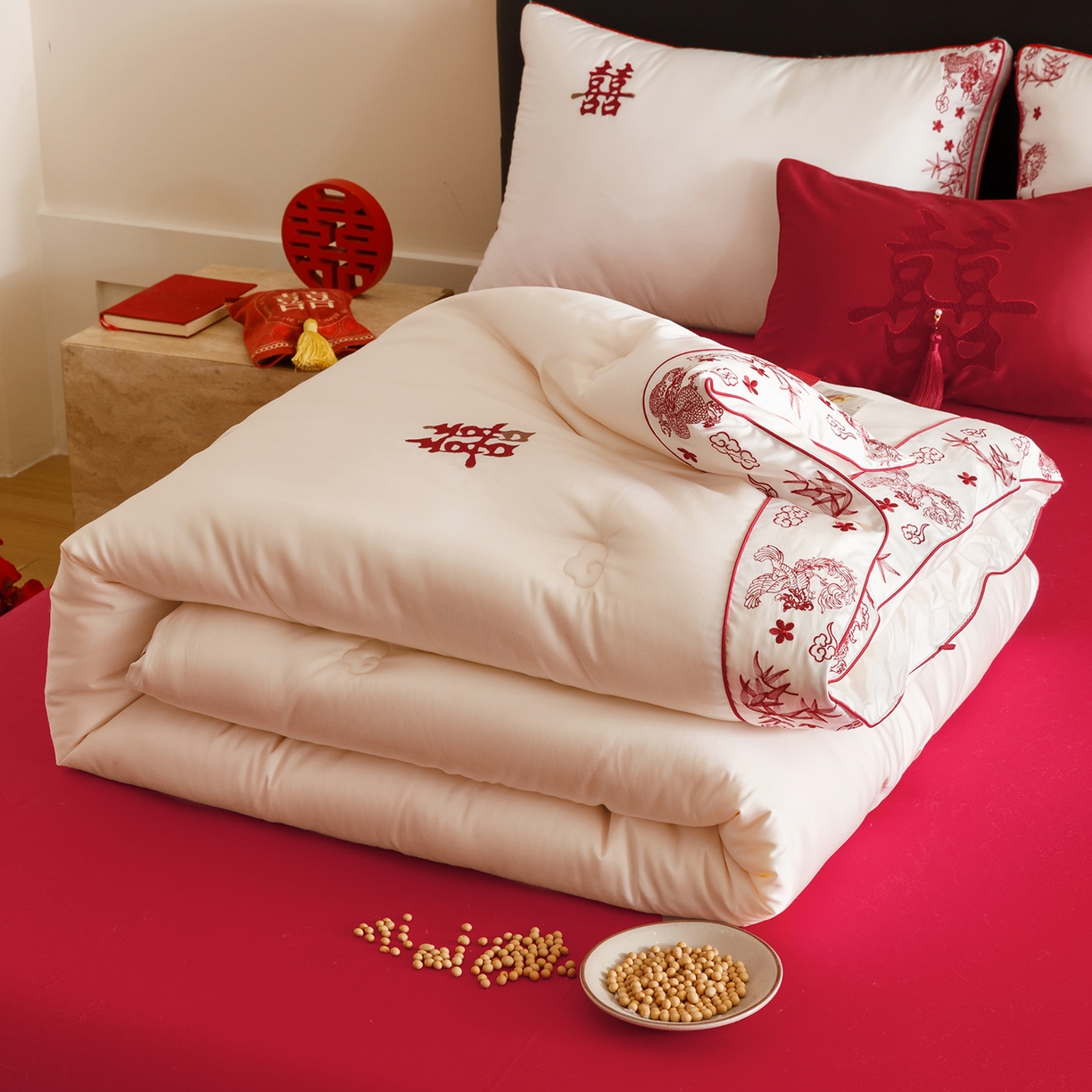91家纺网 家纺一手货源 找家纺 江涞 2025新款50S贡缎大豆抑菌婚庆喜被被子被芯 圆满-大豆被