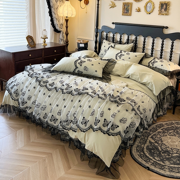 91家纺网 家纺一手货源 找家纺 （总）网红馆（ck家纺） 2025新款全棉纯棉蕾丝边床裙款四件套-梦蝶轻舞