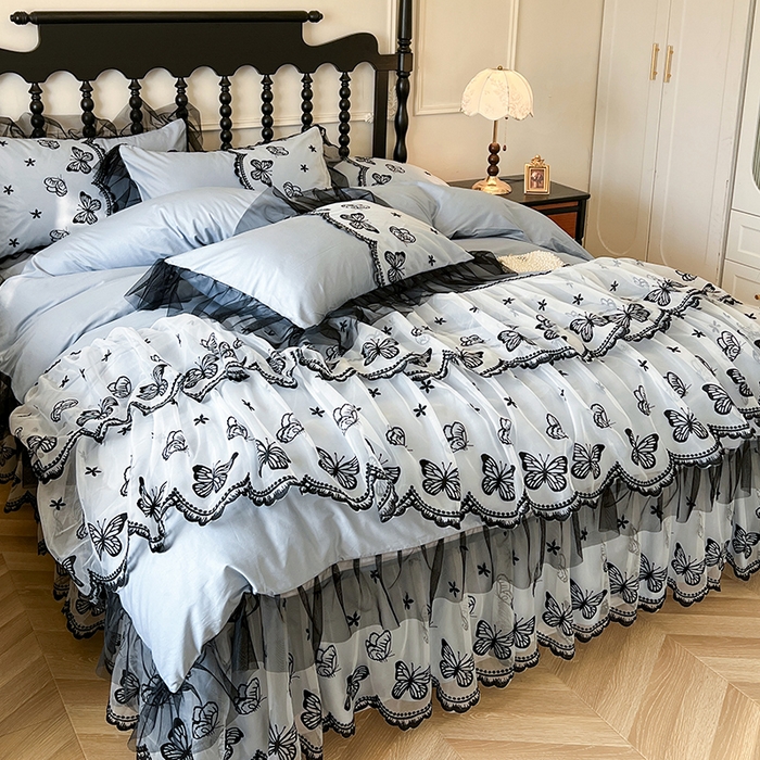 91家纺网 家纺一手货源 找家纺 网红馆（ck家纺） 2025新款全棉纯棉蕾丝边床裙款四件套-梦蝶轻舞 梦蝶轻舞-蓝