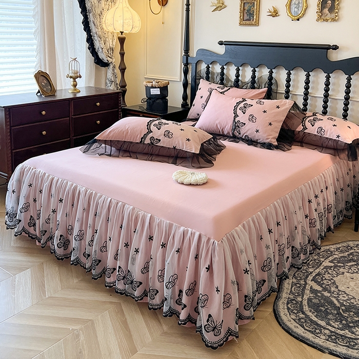 91家纺网 家纺一手货源 找家纺 （总）网红馆（ck家纺） 2025新款全棉纯棉蕾丝边床裙款四件套-梦蝶轻舞