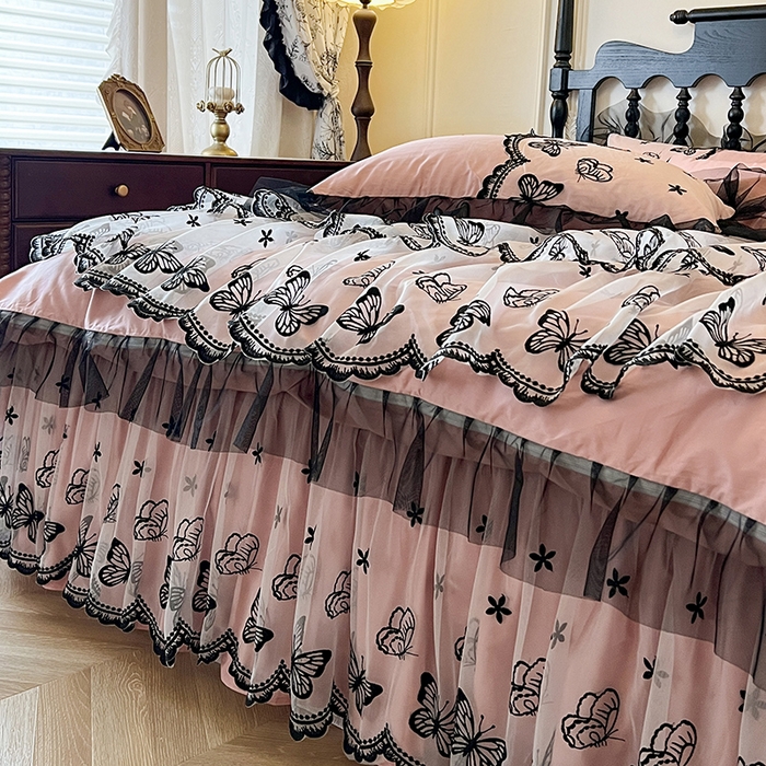 91家纺网 家纺一手货源 找家纺 （总）网红馆（ck家纺） 2025新款全棉纯棉蕾丝边床裙款四件套-梦蝶轻舞