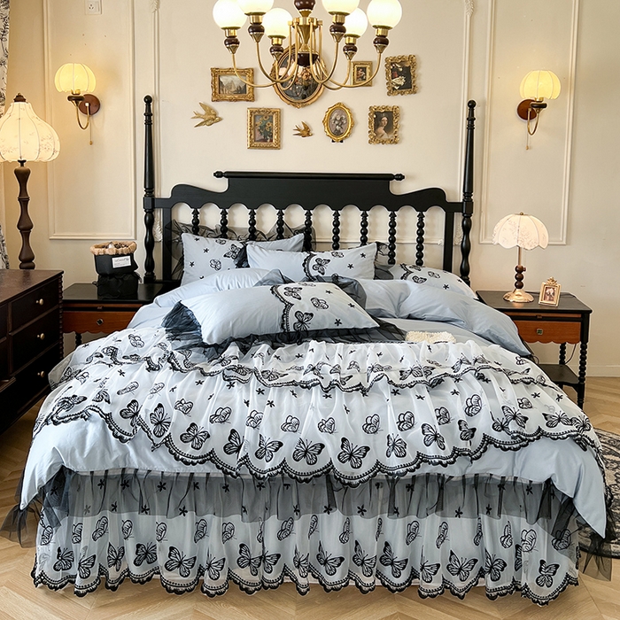 91家纺网 家纺一手货源 找家纺 网红馆（ck家纺） 2025新款全棉纯棉蕾丝边床裙款四件套-梦蝶轻舞 梦蝶轻舞-蓝