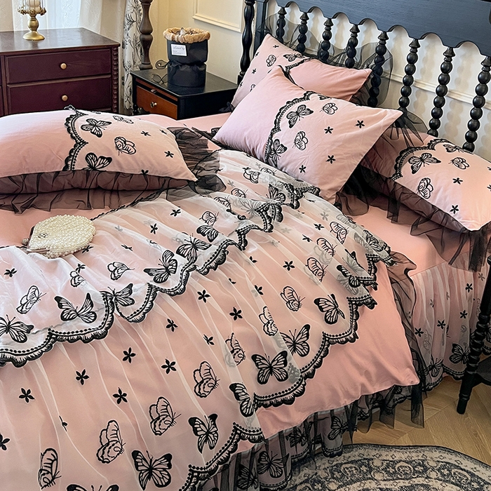 91家纺网 家纺一手货源 找家纺 （总）网红馆（ck家纺） 2025新款全棉纯棉蕾丝边床裙款四件套-梦蝶轻舞