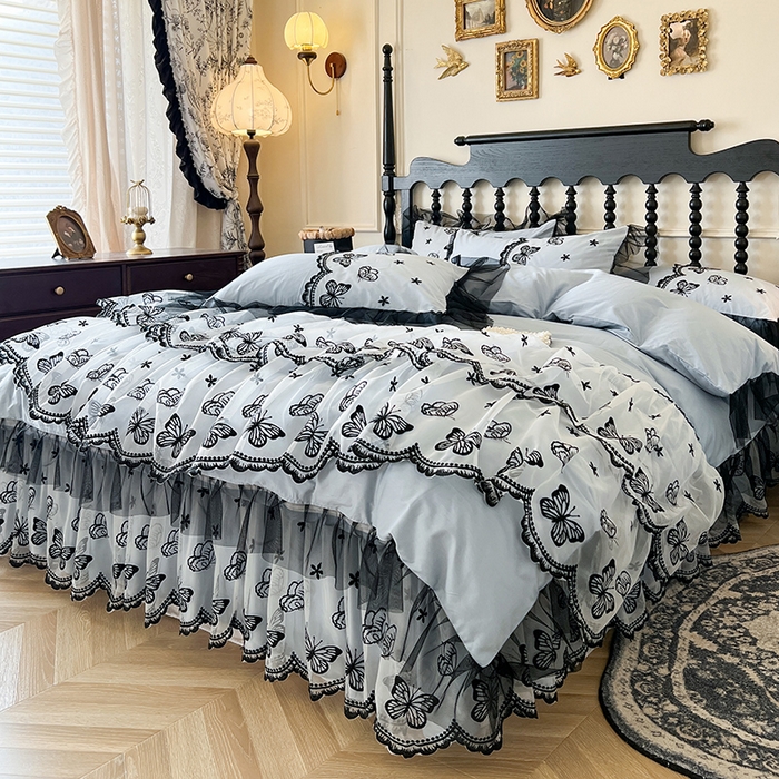 91家纺网 家纺一手货源 找家纺 网红馆（ck家纺） 2025新款全棉纯棉蕾丝边床裙款四件套-梦蝶轻舞 梦蝶轻舞-蓝