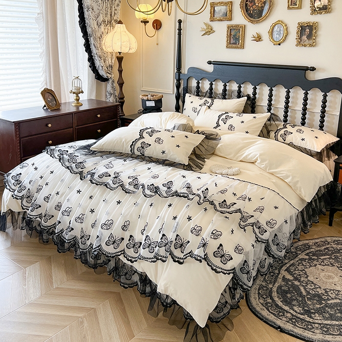 91家纺网 家纺一手货源 找家纺 （总）网红馆（ck家纺） 2025新款全棉纯棉蕾丝边床裙款四件套-梦蝶轻舞