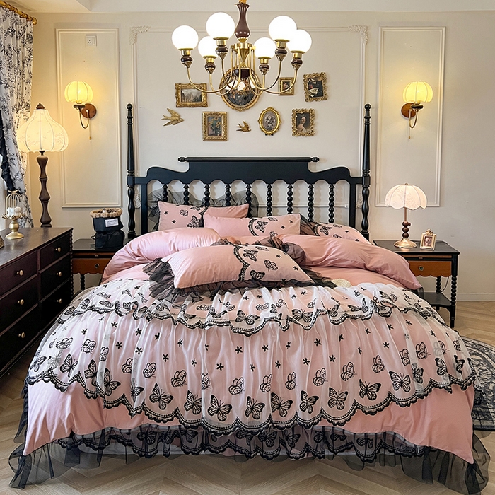 91家纺网 家纺一手货源 找家纺 （总）网红馆（ck家纺） 2025新款全棉纯棉蕾丝边床裙款四件套-梦蝶轻舞