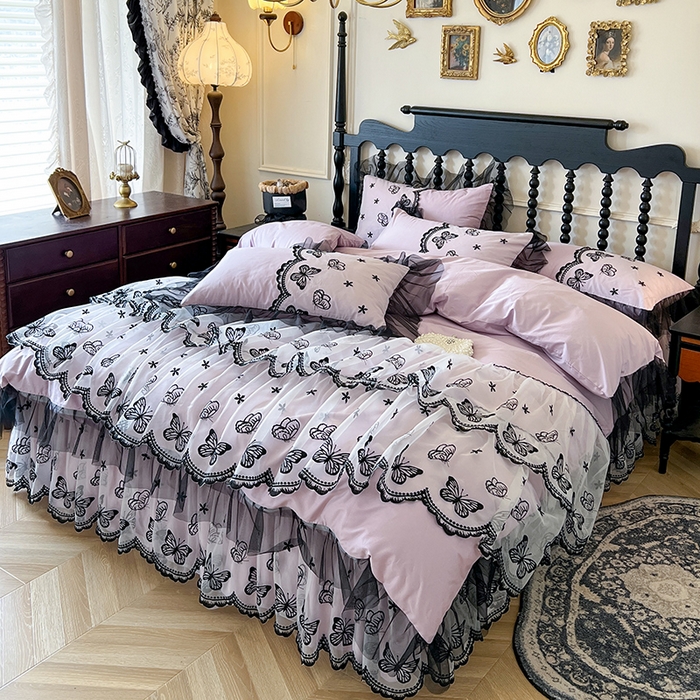 91家纺网 家纺一手货源 找家纺 （总）网红馆（ck家纺） 2025新款全棉纯棉蕾丝边床裙款四件套-梦蝶轻舞