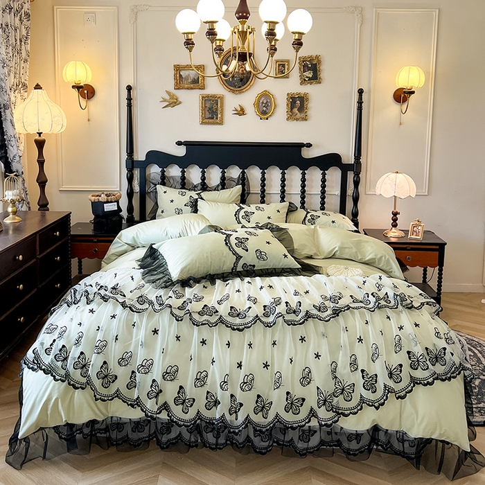 91家纺网 家纺一手货源 找家纺 网红馆（ck家纺） 2025新款全棉纯棉蕾丝边床裙款四件套-梦蝶轻舞 梦蝶轻舞-绿