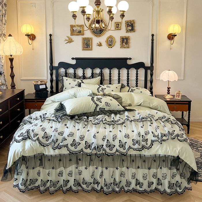 91家纺网 家纺一手货源 找家纺 网红馆（ck家纺） 2025新款全棉纯棉蕾丝边床裙款四件套-梦蝶轻舞 梦蝶轻舞-绿