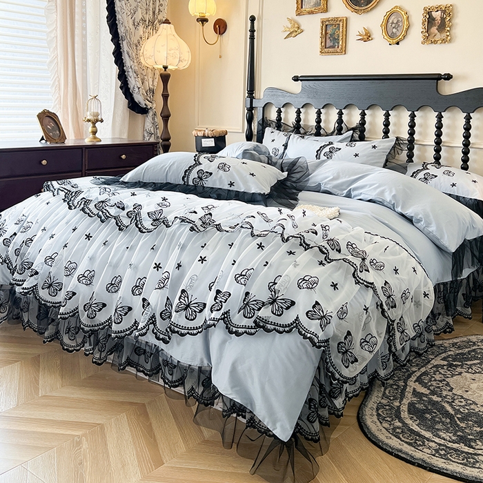 91家纺网 家纺一手货源 找家纺 网红馆（ck家纺） 2025新款全棉纯棉蕾丝边床裙款四件套-梦蝶轻舞 梦蝶轻舞-蓝