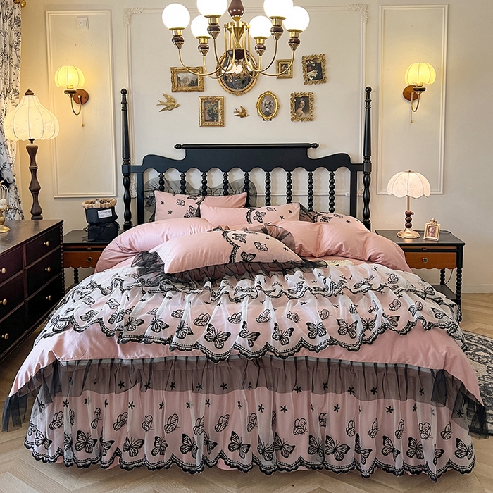 91家纺网 家纺一手货源 找家纺 （总）网红馆（ck家纺） 2025新款全棉纯棉蕾丝边床裙款四件套-梦蝶轻舞