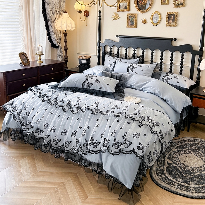 91家纺网 家纺一手货源 找家纺 （总）网红馆（ck家纺） 2025新款全棉纯棉蕾丝边床裙款四件套-梦蝶轻舞