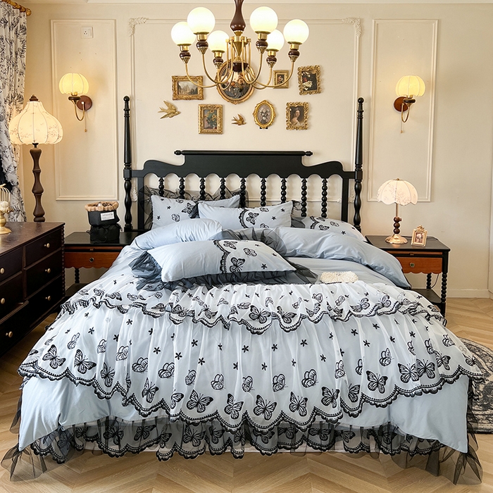 91家纺网 家纺一手货源 找家纺 网红馆（ck家纺） 2025新款全棉纯棉蕾丝边床裙款四件套-梦蝶轻舞 梦蝶轻舞-蓝