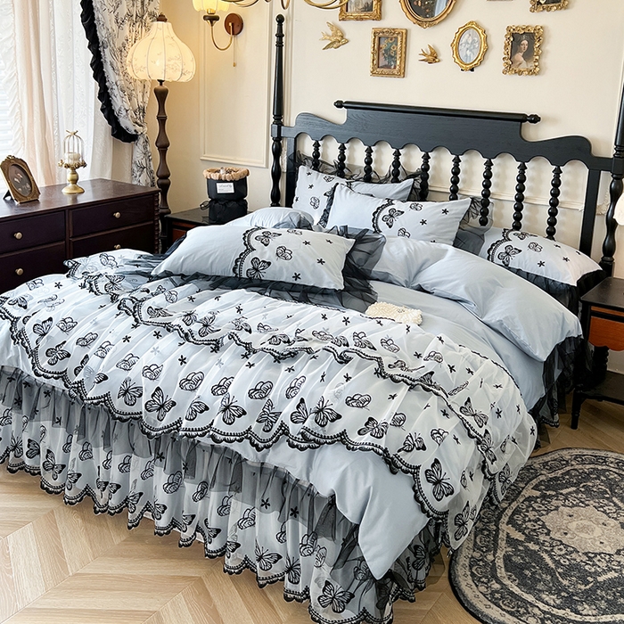 91家纺网 家纺一手货源 找家纺 网红馆（ck家纺） 2025新款全棉纯棉蕾丝边床裙款四件套-梦蝶轻舞 梦蝶轻舞-蓝