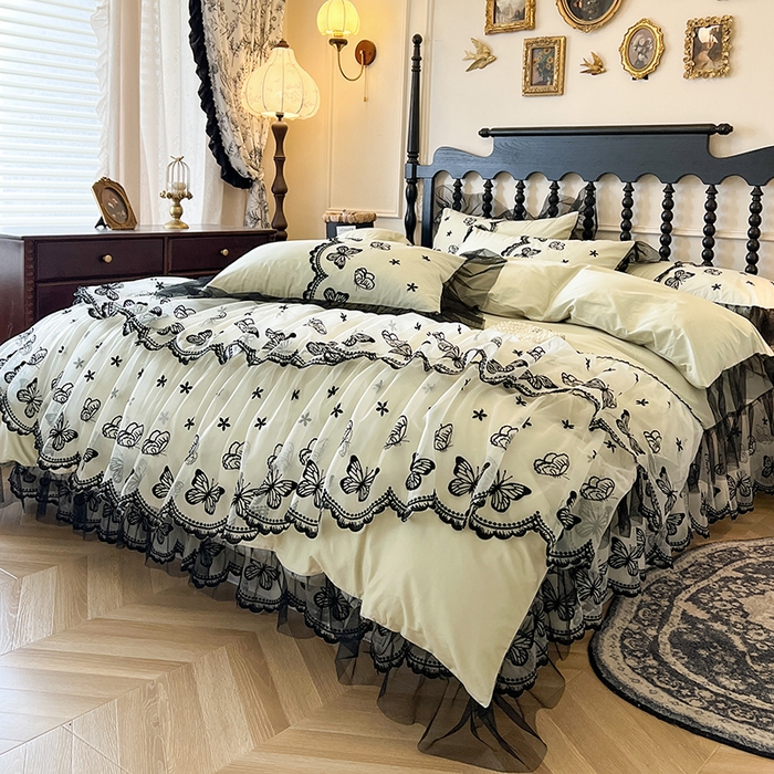 91家纺网 家纺一手货源 找家纺 网红馆（ck家纺） 2025新款全棉纯棉蕾丝边床裙款四件套-梦蝶轻舞 梦蝶轻舞-绿