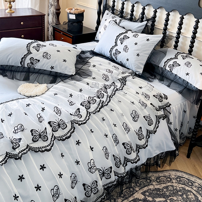 91家纺网 家纺一手货源 找家纺 网红馆（ck家纺） 2025新款全棉纯棉蕾丝边床裙款四件套-梦蝶轻舞 梦蝶轻舞-蓝