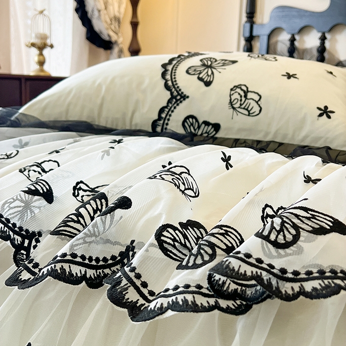 91家纺网 家纺一手货源 找家纺 网红馆（ck家纺） 2025新款全棉纯棉蕾丝边床裙款四件套-梦蝶轻舞 梦蝶轻舞-绿