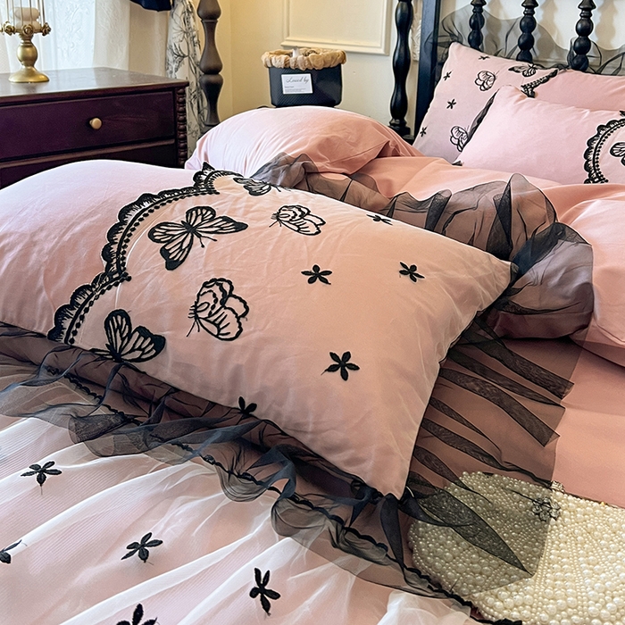 91家纺网 家纺一手货源 找家纺 （总）网红馆（ck家纺） 2025新款全棉纯棉蕾丝边床裙款四件套-梦蝶轻舞