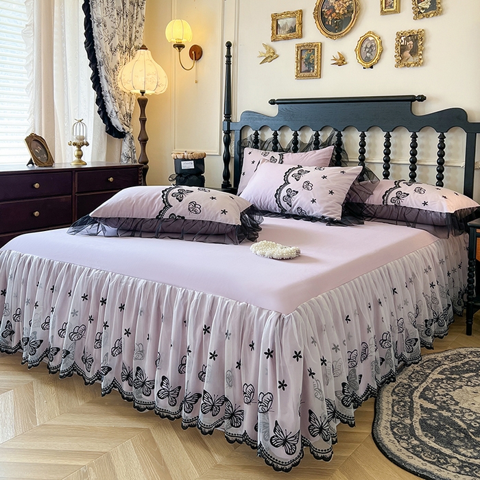 91家纺网 家纺一手货源 找家纺 网红馆（ck家纺） 2025新款全棉纯棉蕾丝边床裙款四件套-梦蝶轻舞 梦蝶轻舞-紫