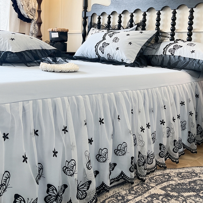 91家纺网 家纺一手货源 找家纺 网红馆（ck家纺） 2025新款全棉纯棉蕾丝边床裙款四件套-梦蝶轻舞 梦蝶轻舞-蓝