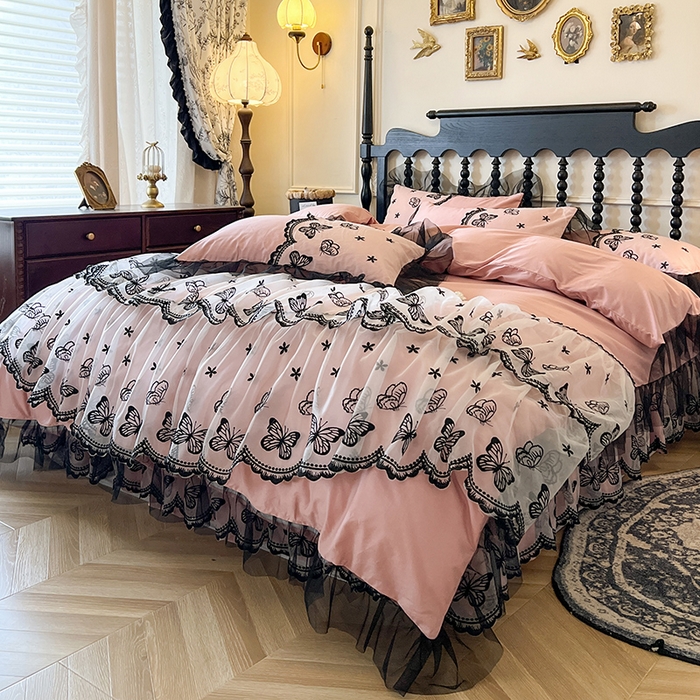 91家纺网 家纺一手货源 找家纺 （总）网红馆（ck家纺） 2025新款全棉纯棉蕾丝边床裙款四件套-梦蝶轻舞