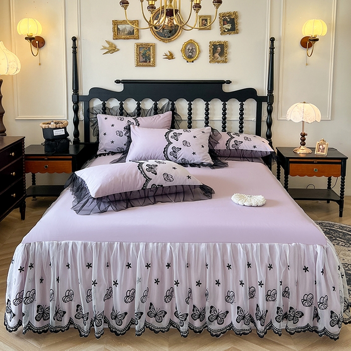 91家纺网 家纺一手货源 找家纺 网红馆（ck家纺） 2025新款全棉纯棉蕾丝边床裙款四件套-梦蝶轻舞 梦蝶轻舞-紫