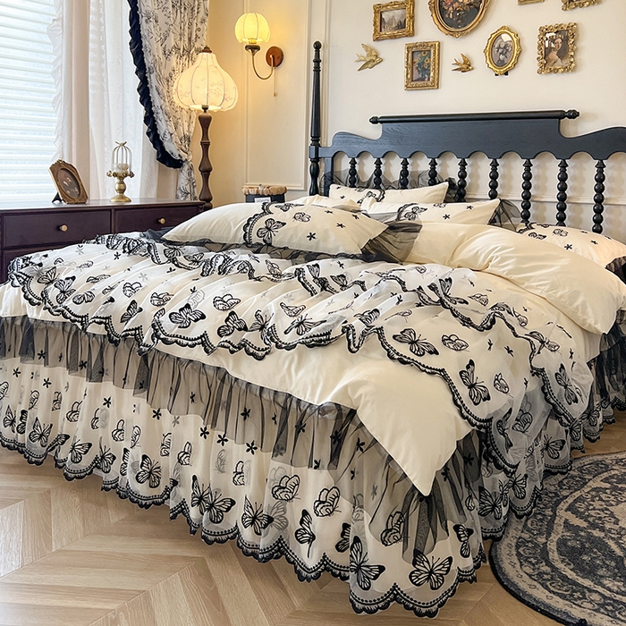 91家纺网 家纺一手货源 找家纺 网红馆（ck家纺） 2025新款全棉纯棉蕾丝边床裙款四件套-梦蝶轻舞 梦蝶轻舞-米