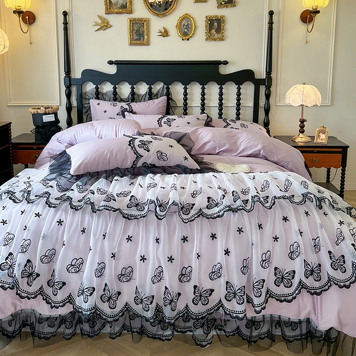 91家纺网 家纺一手货源 找家纺 网红馆（ck家纺） 2025新款全棉纯棉蕾丝边床裙款四件套-梦蝶轻舞 梦蝶轻舞-紫