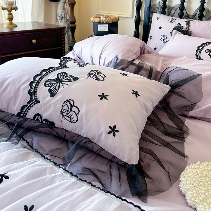 91家纺网 家纺一手货源 找家纺 网红馆（ck家纺） 2025新款全棉纯棉蕾丝边床裙款四件套-梦蝶轻舞 梦蝶轻舞-紫