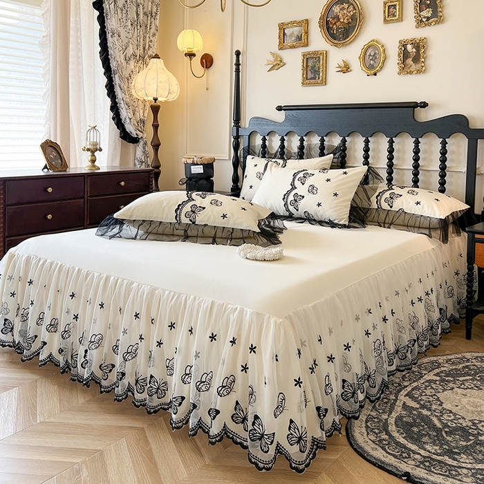 91家纺网 家纺一手货源 找家纺 网红馆（ck家纺） 2025新款全棉纯棉蕾丝边床裙款四件套-梦蝶轻舞 梦蝶轻舞-米