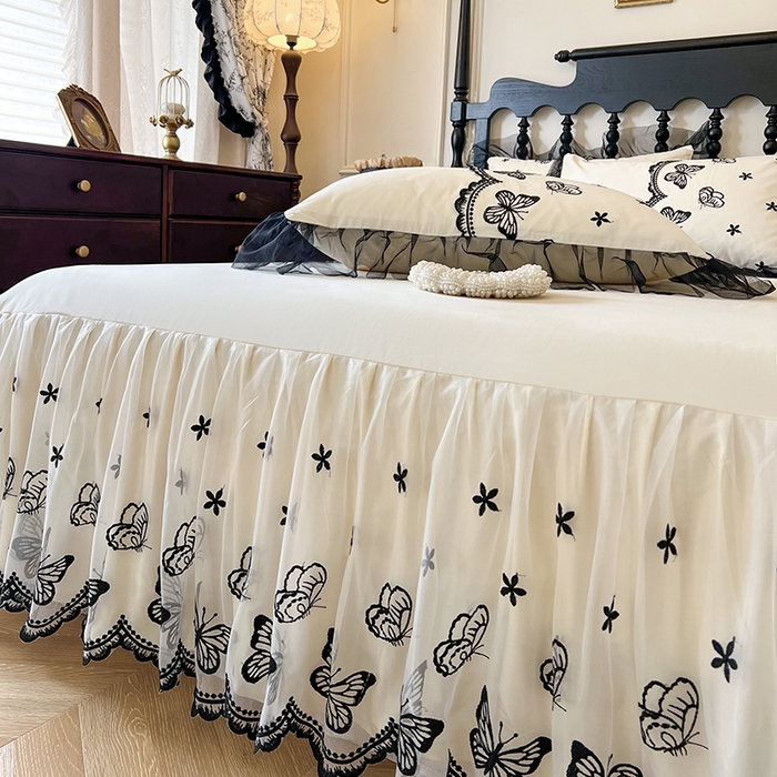 91家纺网 家纺一手货源 找家纺 网红馆（ck家纺） 2025新款全棉纯棉蕾丝边床裙款四件套-梦蝶轻舞 梦蝶轻舞-米