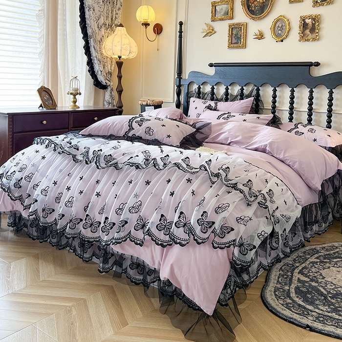 91家纺网 家纺一手货源 找家纺 网红馆（ck家纺） 2025新款全棉纯棉蕾丝边床裙款四件套-梦蝶轻舞 梦蝶轻舞-紫