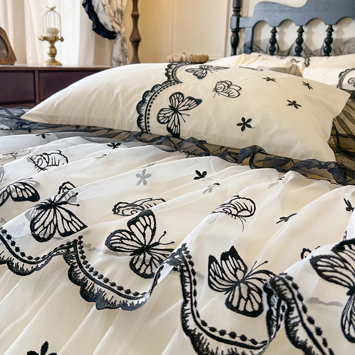 91家纺网 家纺一手货源 找家纺 网红馆（ck家纺） 2025新款全棉纯棉蕾丝边床裙款四件套-梦蝶轻舞 梦蝶轻舞-米