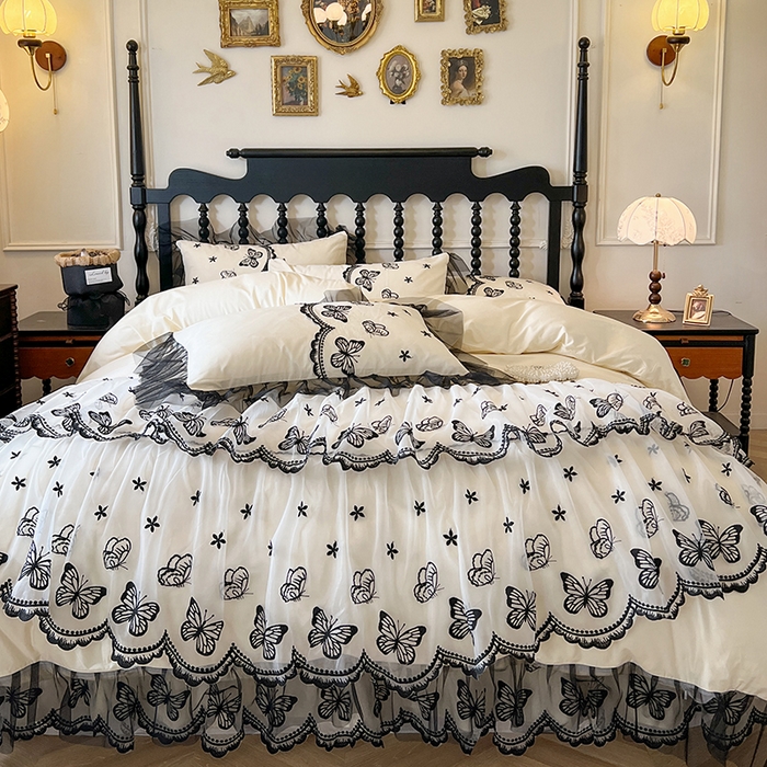 91家纺网 家纺一手货源 找家纺 网红馆（ck家纺） 2025新款全棉纯棉蕾丝边床裙款四件套-梦蝶轻舞 梦蝶轻舞-米