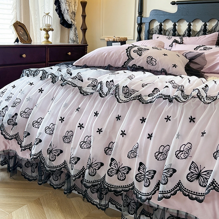 91家纺网 家纺一手货源 找家纺 网红馆（ck家纺） 2025新款全棉纯棉蕾丝边床裙款四件套-梦蝶轻舞 梦蝶轻舞-紫