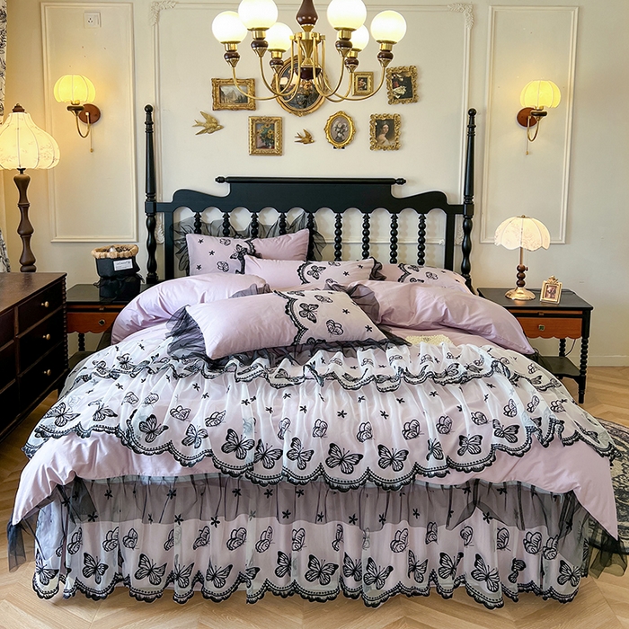 91家纺网 家纺一手货源 找家纺 网红馆（ck家纺） 2025新款全棉纯棉蕾丝边床裙款四件套-梦蝶轻舞 梦蝶轻舞-紫