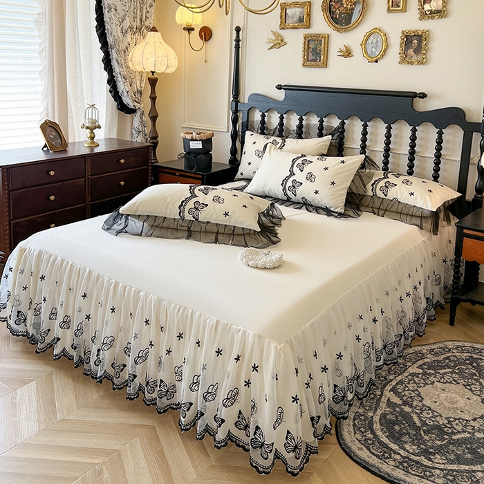 91家纺网 家纺一手货源 找家纺 网红馆（ck家纺） 2025新款全棉纯棉蕾丝边床裙款四件套-梦蝶轻舞 梦蝶轻舞-米