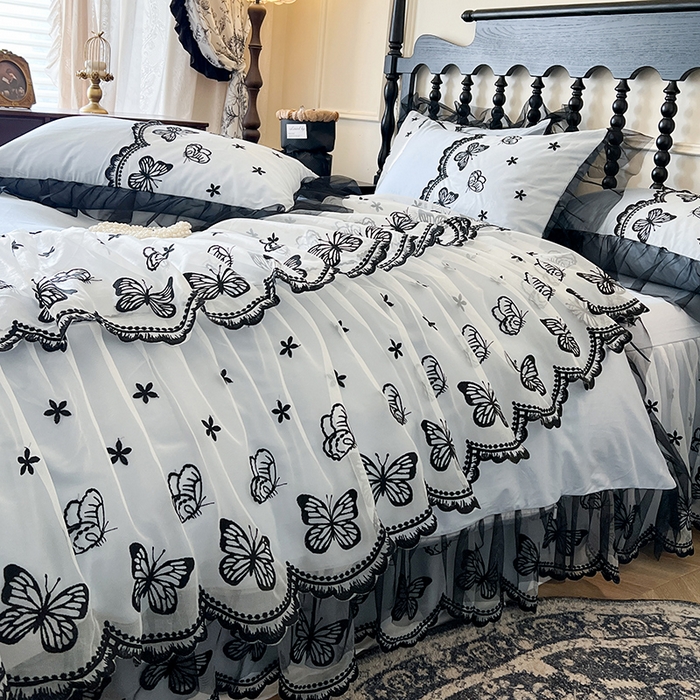 91家纺网 家纺一手货源 找家纺 网红馆（ck家纺） 2025新款全棉纯棉蕾丝边床裙款四件套-梦蝶轻舞 梦蝶轻舞-蓝