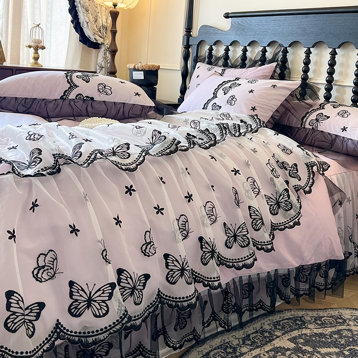 91家纺网 家纺一手货源 找家纺 网红馆（ck家纺） 2025新款全棉纯棉蕾丝边床裙款四件套-梦蝶轻舞 梦蝶轻舞-紫