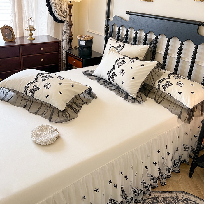 91家纺网 家纺一手货源 找家纺 网红馆（ck家纺） 2025新款全棉纯棉蕾丝边床裙款四件套-梦蝶轻舞 梦蝶轻舞-米