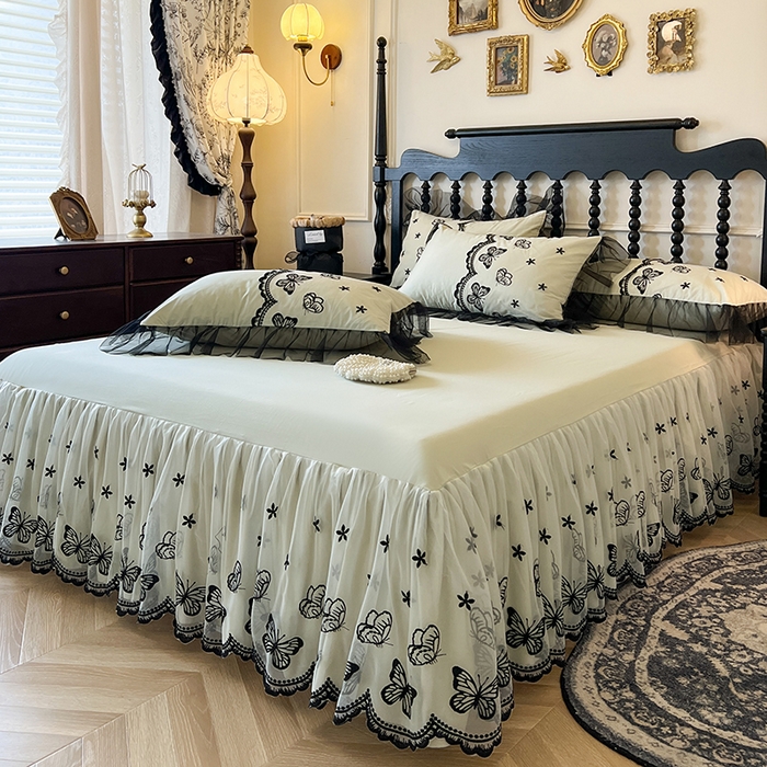 91家纺网 家纺一手货源 找家纺 网红馆（ck家纺） 2025新款全棉纯棉蕾丝边床裙款四件套-梦蝶轻舞 梦蝶轻舞-绿