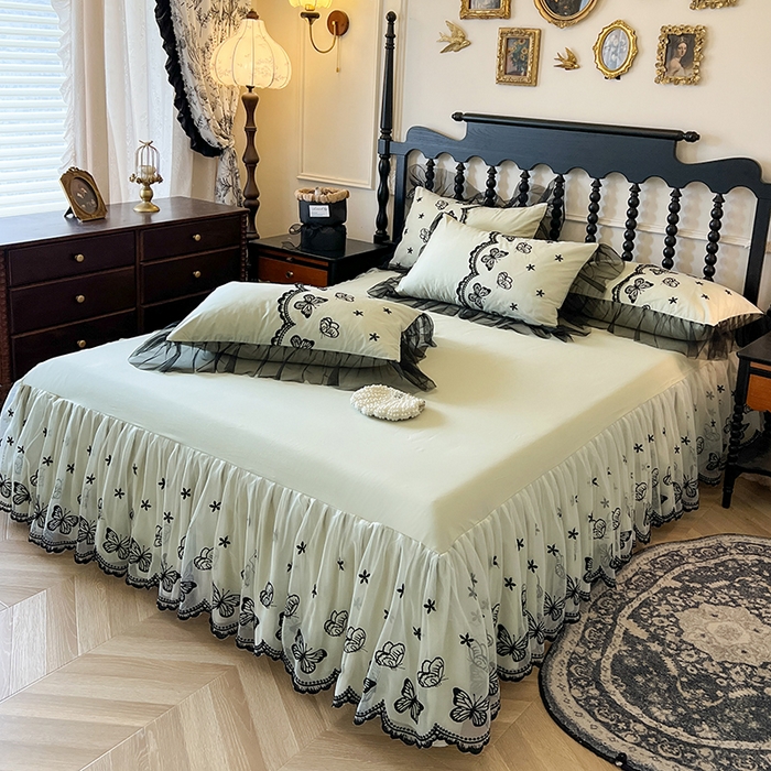 91家纺网 家纺一手货源 找家纺 网红馆（ck家纺） 2025新款全棉纯棉蕾丝边床裙款四件套-梦蝶轻舞 梦蝶轻舞-绿