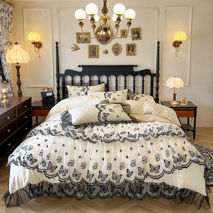 91家纺网 家纺一手货源 找家纺 网红馆（ck家纺） 2025新款全棉纯棉蕾丝边床裙款四件套-梦蝶轻舞 梦蝶轻舞-米