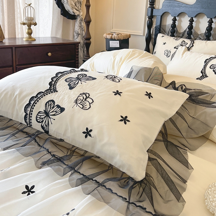 91家纺网 家纺一手货源 找家纺 网红馆（ck家纺） 2025新款全棉纯棉蕾丝边床裙款四件套-梦蝶轻舞 梦蝶轻舞-米